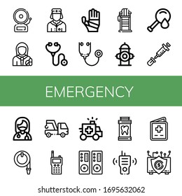 emergency simple icons set. Contains such icons as Alarm, Pharmacist, Nurse, Stethoscope, Plastered arm, Lifeguard chair, Fire hydrant, Blood test, can be used for web, mobile and logo