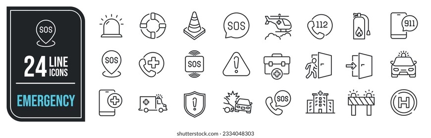 Emergency simple minimal thin line icons. Related SOS, safety, alarm, urgency, warning. Vector illustration.