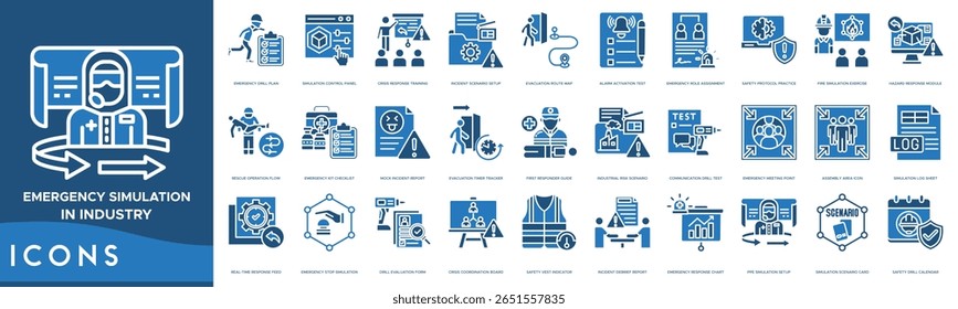 Emergency Simulation in Industry icon set. Emergency Drill Plan, Simulation Control Panel, Crisis Response Training, Incident Scenario Setup, Evacuation Route Map and Alarm Activation Test