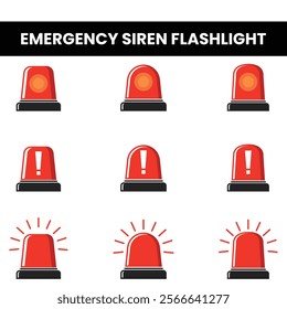 Emergency siren flashlight icon set in red with alarm lights. Perfect for warning, security, notifications, or hazard alert visuals. Designed for safety and emergency-themed projects.