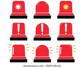 Emergency siren flashlight set for ambulance, police and alarms with exclamation hazard, warning symbol, icon, sign, set, security, icons, warning symbol in red colour, ambulance light vector set