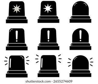 emergency siren flashlight set for ambulance, police and alarms with exclamation hazard, warning symbol, icon, sign, set, security, icons, warning symbol in red black color, ambulance light vector set