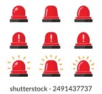 Emergency siren flashlight set for police, ambulance and alarms with exclamation hazard warning symbol in red color. Emergency police siren. Ambulance light vector set.