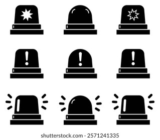  Emergency siren flashlight set for police, ambulance and alarms with exclamation hazard warning symbol in black color. Emergency police siren. Ambulance light vector set. vector illustration.