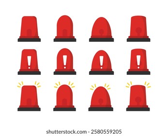 Emergency siren flashlight set for police, ambulance and alarms with exclamation hazard warning symbol in red color. Emergency police siren. Ambulance light vector set.