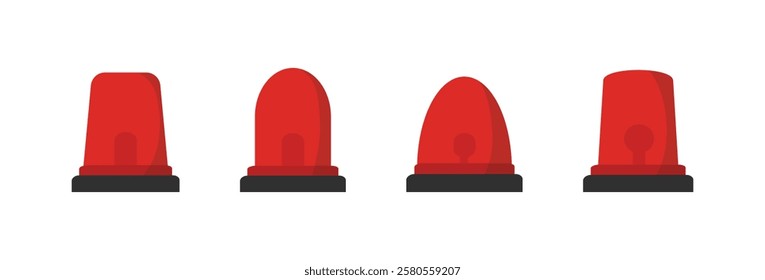 Emergency siren flashlight set for police, ambulance and alarms with exclamation hazard warning symbol in red color. Emergency police siren. Ambulance light vector set.