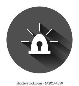 Emergency siren icon in flat style. Police alarm vector illustration on black round background with long shadow. Medical alert business concept.