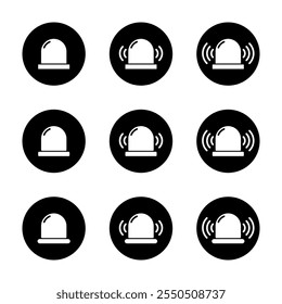 Emergency siren icon set collection on black circle. Ambulance, police light sign symbol