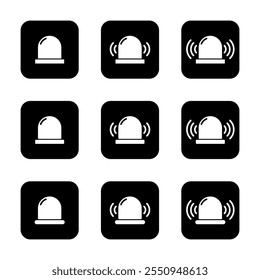 Emergency siren icon set collection on black square. Ambulance, police light sign symbol