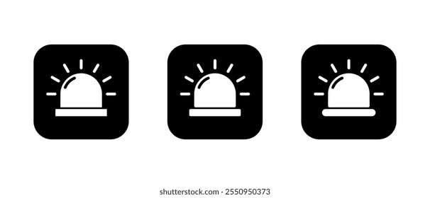 Emergency siren icon set on black square. Ambulance, police light sign symbol