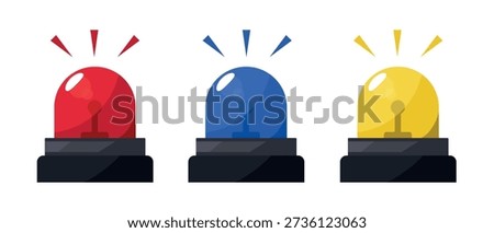 Emergency siren icons with blue, red, and yellow beacons. Alarm lights and hazard warning emoji. Glossy flashing police, ambulance signal lamp, blink flasher for urgent evacuation alert vector set.