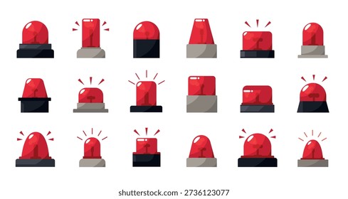 Emergency siren icons. Red beacons and alarm lights, crisis and hazard warning emoji. Glossy flashing police or ambulance signal lamp, blink flasher for urgent evacuation alert isolated vector set