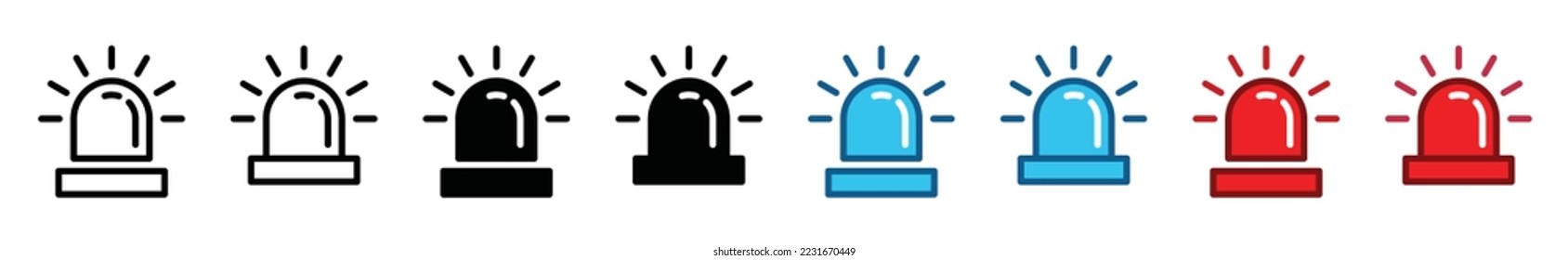 Emergency siren light icon vector set. Siren or Flashers for police or ambulance sign symbol illustration in flat and outline style. Police flasher icon for websites