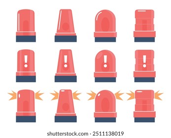 Emergency siren symbols. Isolated flat sirens red icons. Police ambulance fire station hazard lights. Warning stop signals, recent vector set