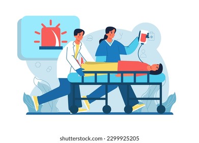 Emergency situation medicine blue concept with people scene in the flat cartoon style. Doctors quickly try to save the patient's life. Vector illustration.