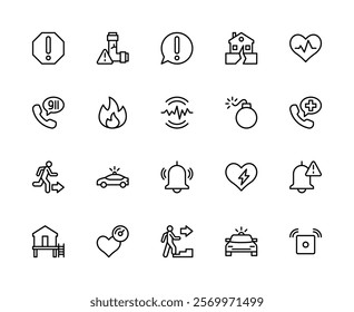 Emergency situation vector linear icons set. Contains such icons as attention, gas leak, bell, earthquake, emergency alarm and more. Isolated emergency related icons collection on white background.