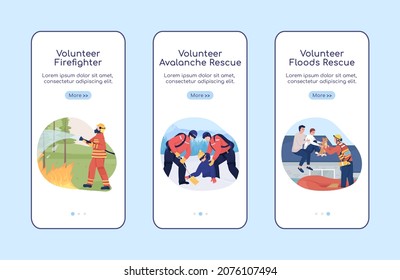 Emergency situation volunteering onboarding mobile app screen flat vector template. Walkthrough website 3 steps with characters. Creative UX, UI, GUI smartphone cartoon interface, case prints set