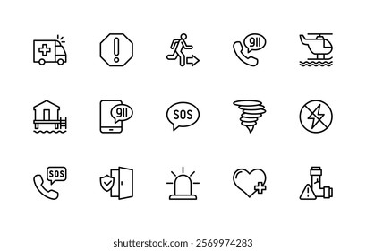 Emergency situations vector linear icons set. Isolated icon collection such as ambulance, evacuation, 911, emergency alarm, notification, car and more. Isolated icon collection of emergency related.