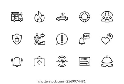 Emergency situations vector linear icons set. Isolated icon collection such as fire engine, SOS, 
 police, lifebuoy, protection, safety, fire and more. Isolated icon collection of emergency related.