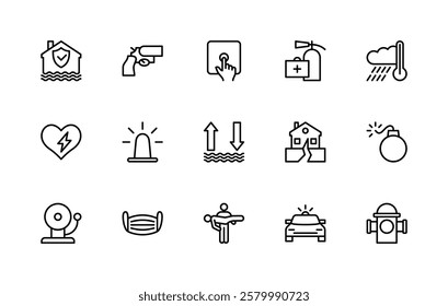 Emergency situations vector linear icons set. Isolated icon collection such as flood, gun, fire safety, earthquake, rescuer, alarm, danger and more. Isolated icon collection of emergency related.