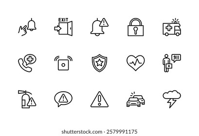 Emergency situations vector linear icons set. Isolated icon collection such as alert, evacuation, ambulance, 911, fire, first aid, danger and more. Isolated icon collection of emergency related.