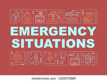 Emergency situations word concepts red banner. Hazard damage. Infographics with linear icons on background. Isolated typography. Vector outline color illustration with text. Arial-Black font used