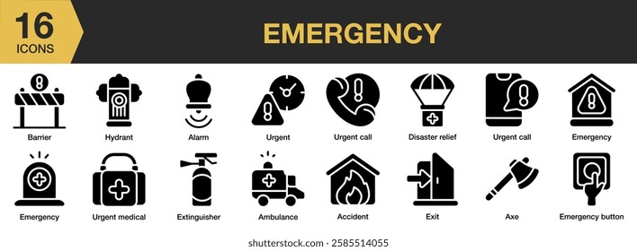 Emergency solid icon set. Includes emergency, safety, help, accident, danger, and More. Solid icons vector collection.