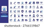 Emergency Solid Vector Glyph Icon Set featuring walkie talkie, flashlight, fire engine, emergency siren, warning alert, emergency time, and life jacket for rescue services.