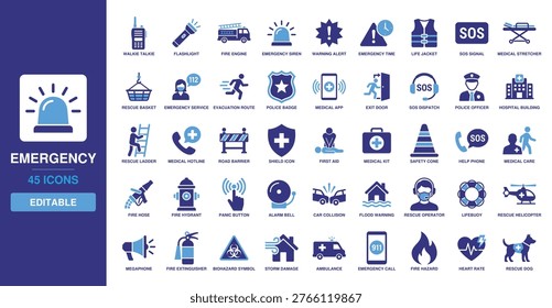 Conjunto de iconos de glifo de Vector sólido de emergencia con walkie talkie, linterna, motor de bomberos, sirena de emergencia, alerta, hora de emergencia y chaleco salvavidas para los servicios de rescate.