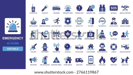 Emergency Solid Vector Glyph Icon Set featuring walkie talkie, flashlight, fire engine, emergency siren, warning alert, emergency time, and life jacket for rescue services.
