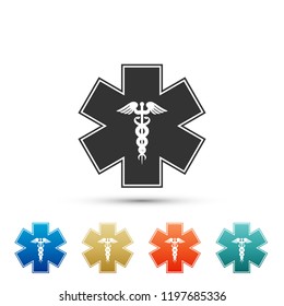 Emergency star - medical symbol Caduceus snake with stick icon isolated on white background. Star of Life. Set elements in colored icons. Flat design. Vector Illustration