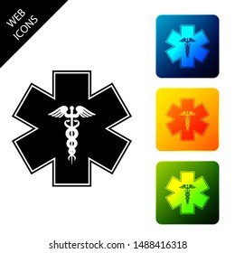 Emergency star - medical symbol Caduceus snake with stick icon isolated on white background. Star of Life. Set icons colorful square buttons. Vector Illustration