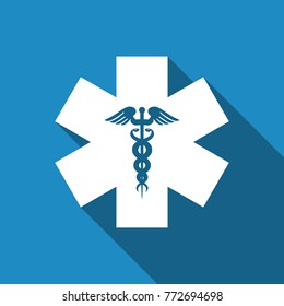 Emergency star - medical symbol Caduceus snake with stick icon isolated with long shadow. Star of Life. Flat design. Vector Illustration