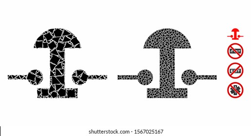 Emergency stop button mosaic of abrupt pieces in different sizes and color tinges, based on emergency stop button icon. Vector rough dots are organized into collage.