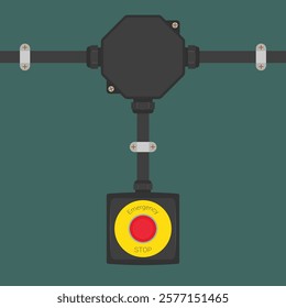 Emergency stop button setup including a central junction box and horizontal and vertical pipes secured with metal clamps. Flat style vector illustration for educational materials or safety manuals