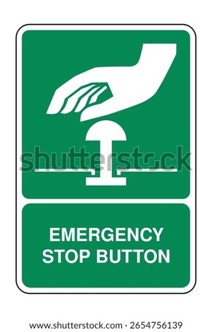 Emergency Stop Button Sign with Explanation – Safety Hand Press Symbol for Industrial Shutdown, Equipment Halt Control Plate in Green and White