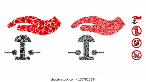 Emergency stop composition of bumpy pieces in variable sizes and color tints, based on emergency stop icon. Vector uneven pieces are combined into composition.