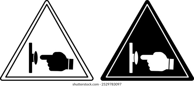 Emergency Stop Push Button Signs. Black and White Vector Icons. Evacuation Sign. Index Finger Presses Button. Industrial Safety, Observe Site Work Rules. Emergency Situation