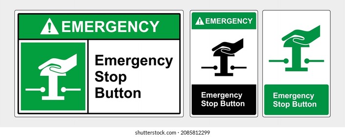 Emergency stop push button, sticker green sign. OSHA and ANSI standard sign. eps10