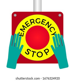 Emergency Stop Push Button Vector Illustration. Hands with protection gloves and stop button