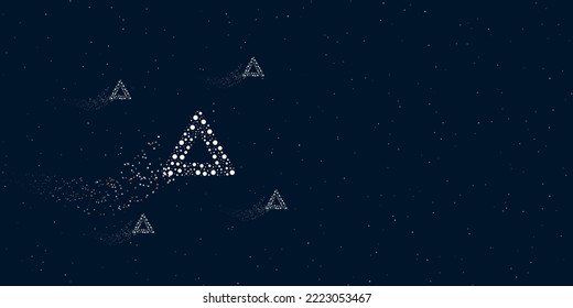 A emergency stop sign filled with dots flies through the stars leaving a trail behind. There are four small symbols around. Vector illustration on dark blue background with stars