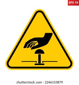 Emergency stop warning sign. Vector illustration of yellow triangle sign with hand pressing button icon. Emergency button symbol. Hazard symbol. Caution label. Push-button icon.