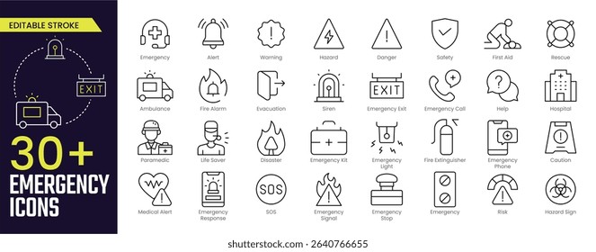 Emergency Stroke icon collections. Containing alert, warning, emergency exit, team, hospital, life saver, signal, medical alert, and disaster icons. Editable Stroke icon collection Outline icon
