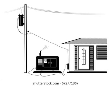 Emergency supply of the house with electricity from an autonomous generator. Power outage. Black silhouette.