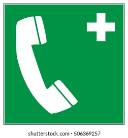 Emergency telephone for first aid, white phone icon and white cross icon on a green square background, vector illustration.
