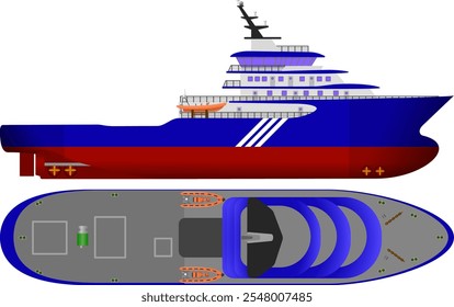 Emergency Towing Vessel. Side and top profile of an emergency towing vessel. Motor yacht style. Isolated vector illustration.