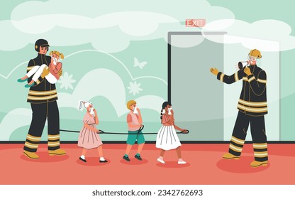 Emergency training background with fire evacuation symbols flat vector illustration