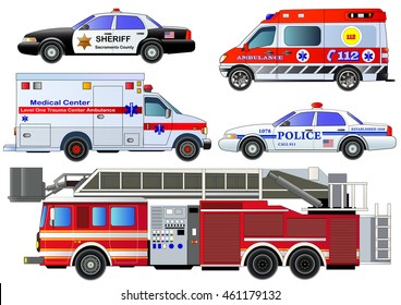 Emergency transport icons set. Vector set, isolated on white. Fire truck, ambulance vans, police cars. Flat style