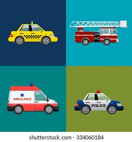 emergency transport set. Fire truck, ambulance, police,taxi car. Vector illustration.