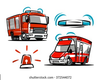 Emergency Transport And Emergency Siren Sign. Firetruck And Ambulance Car